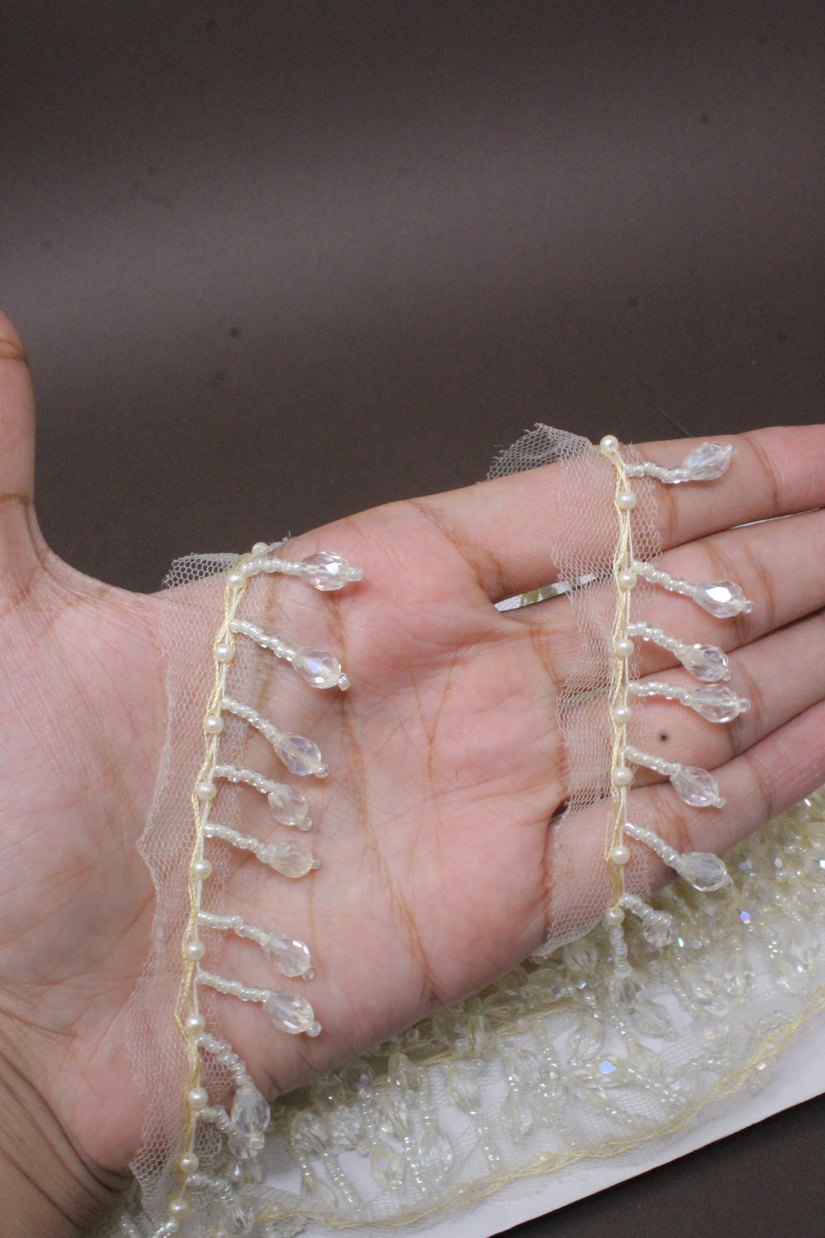 Moti Latkan Lace in Off White Crystal, Cutdana - 3 Meter