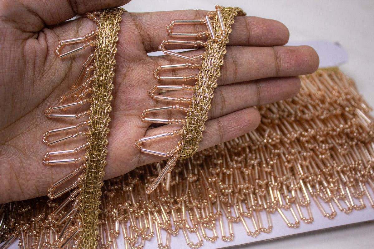 Tassel Trim In Rose Gold Cutdana Beads - 3 Meter