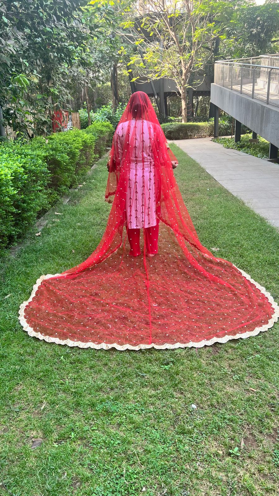 Bridal Entry Veil with Trail Dupatta for Indian Bride with removable Ghoonghat