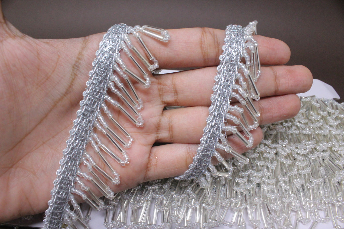 Silver Latkan Lace in Cutdana Beads - 3 Meter