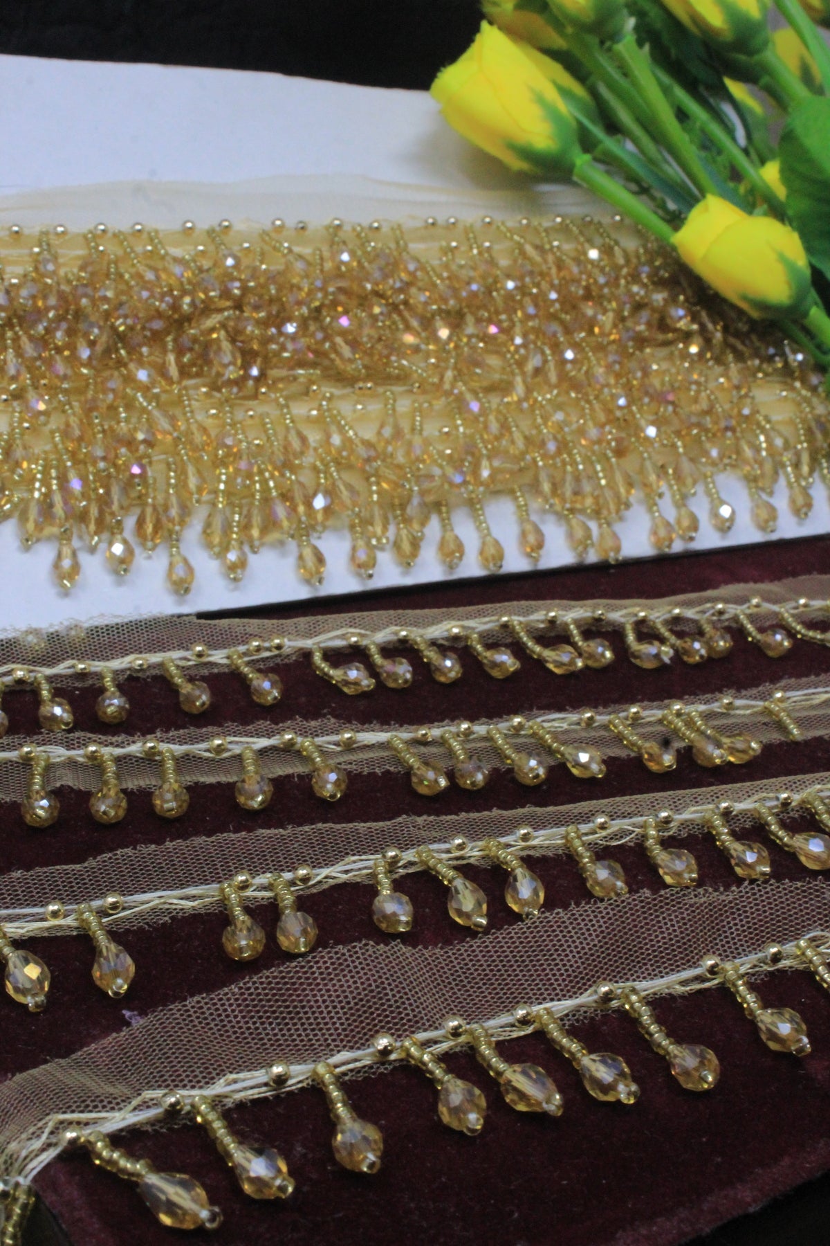 Golden Latkan Lace in Crystal, Cutdana - 3 Meter