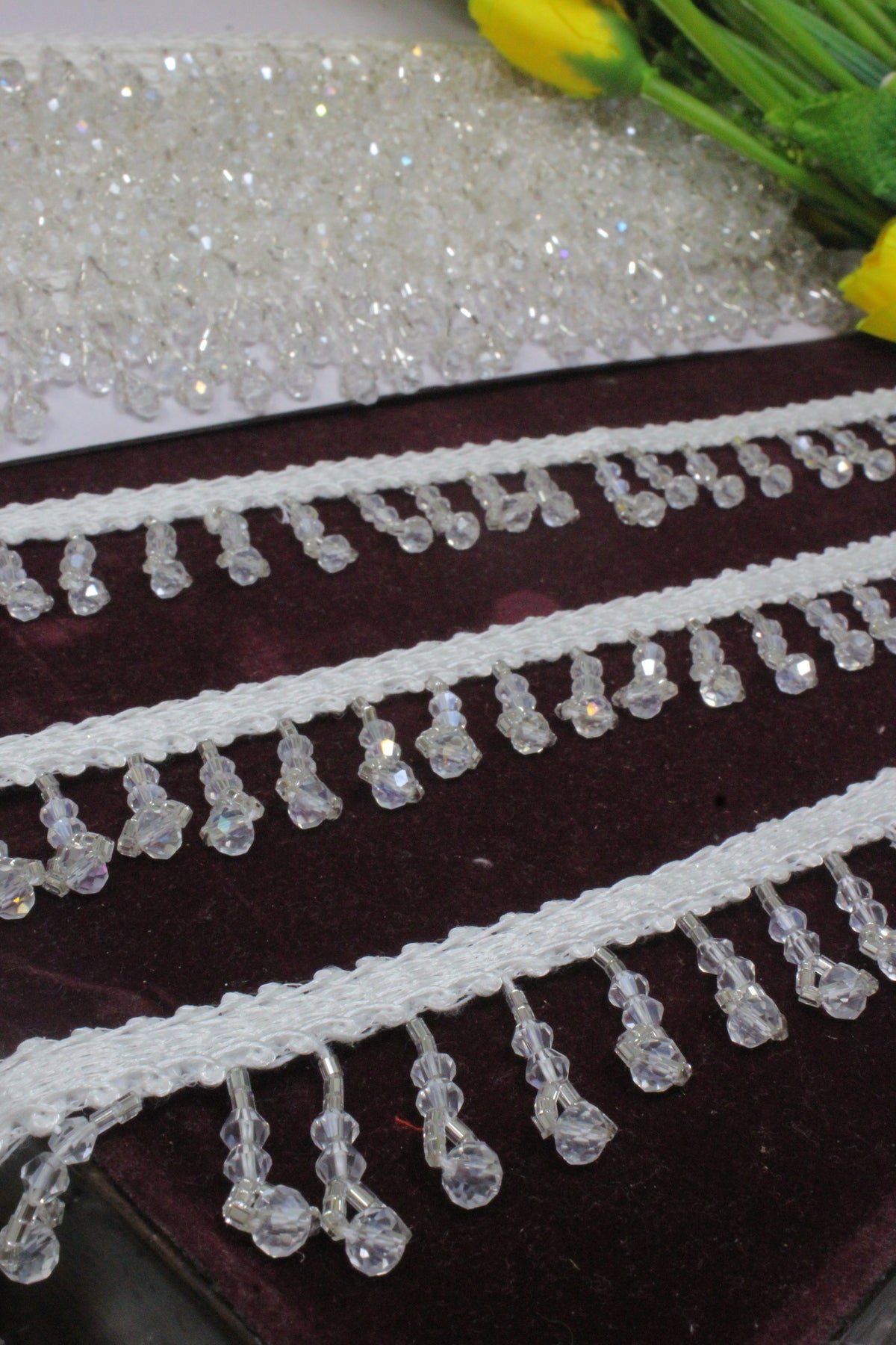 White Latkan Lace In Crystal, Cutdana, Moti, Pearl - 3 Meter