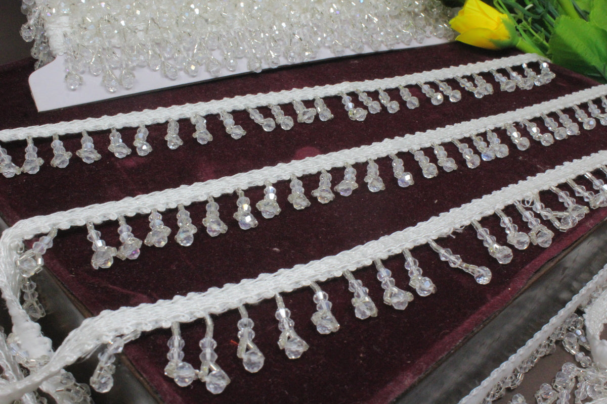 White Latkan Lace In Crystal, Cutdana, Moti, Pearl - 3 Meter