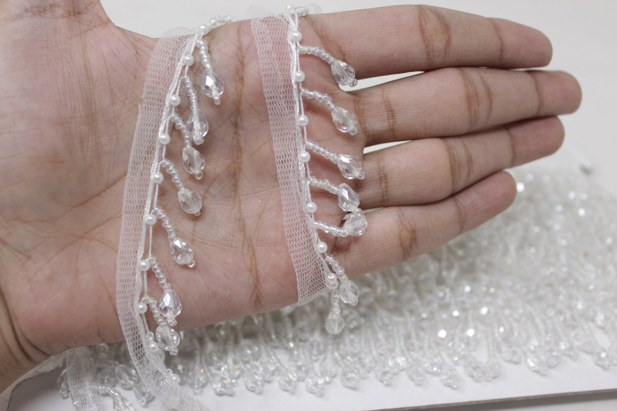 White Latkan Lace In Crystal, Cutdana, Moti, Pearl - 3 Meter