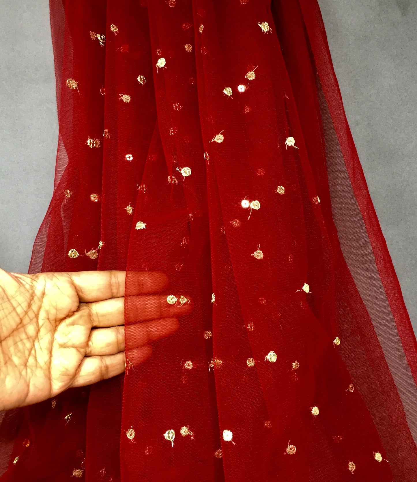 Maroon Net Fabric Material with Small Sequin embroidery