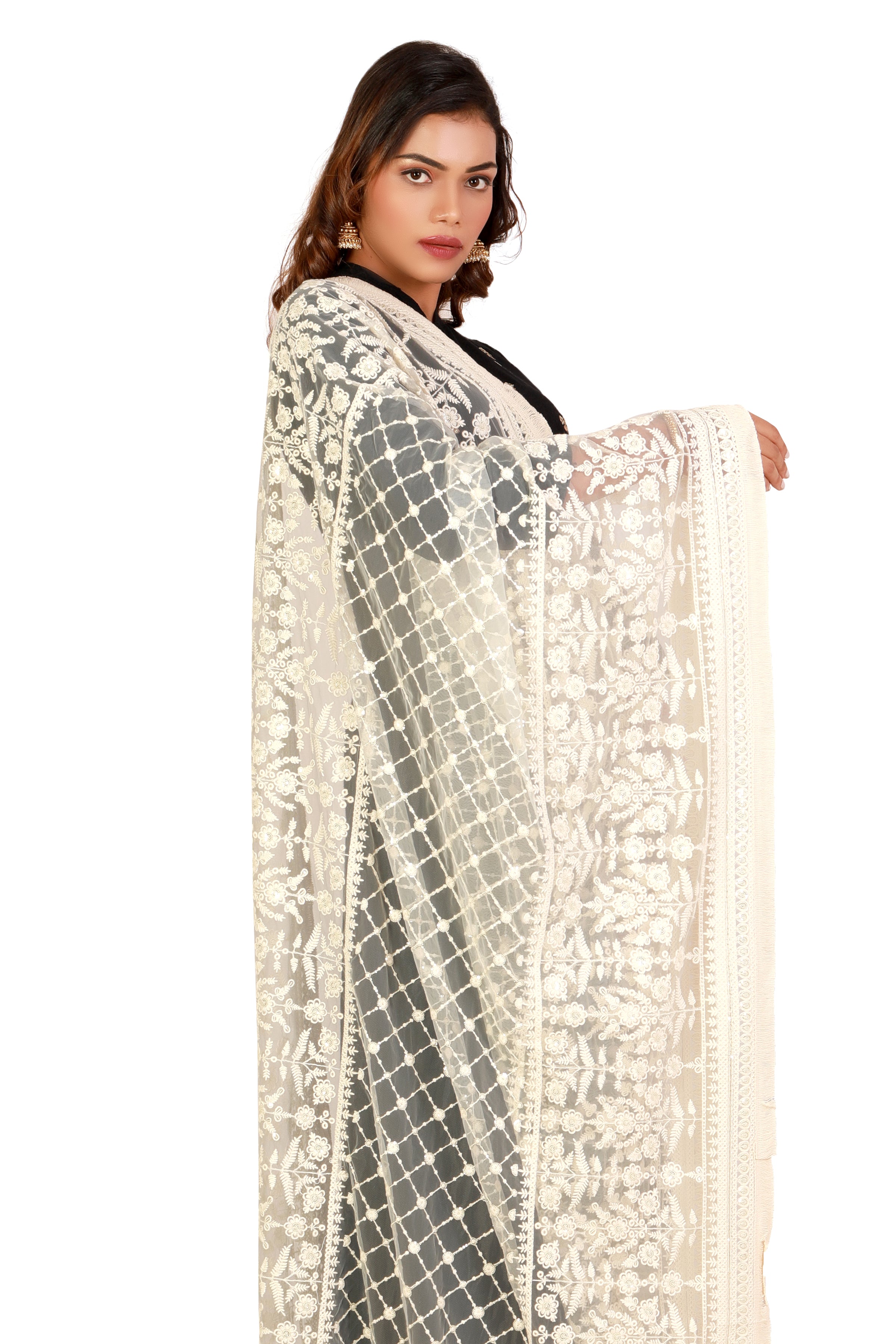 Delicate Designer Heavy Work Dupatta on Grey Net Inhika