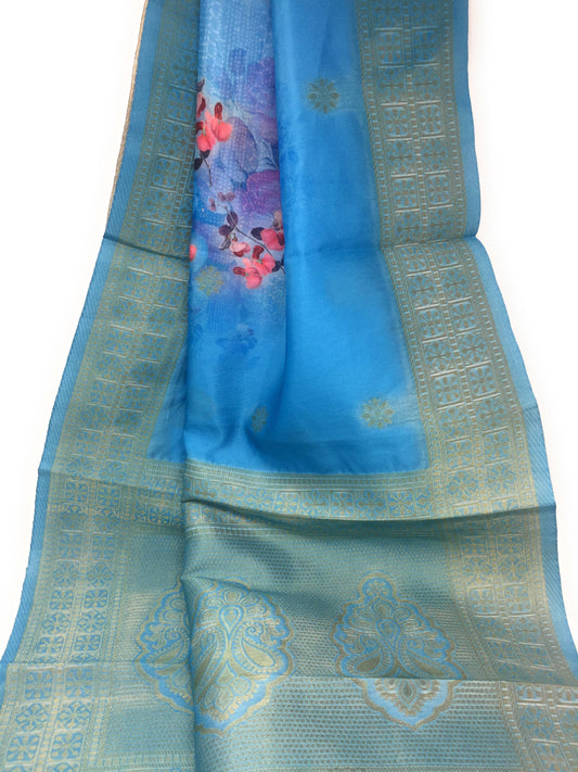 Blue Brocade Dupatta - Printed n Brocade Work