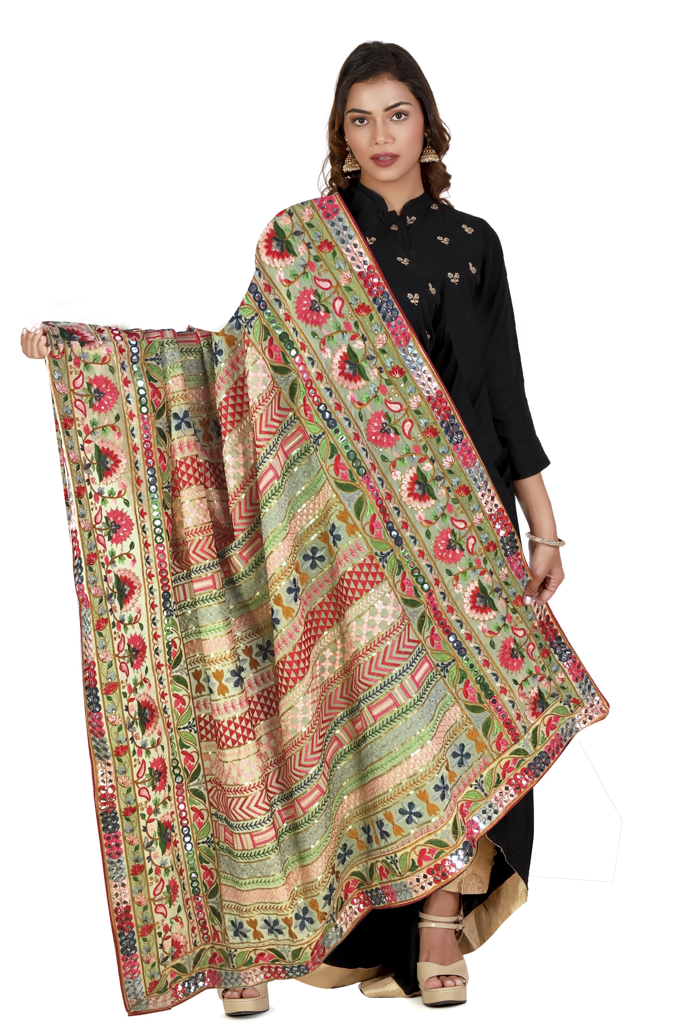 Heavy Work Dupatta on Cream Georgette – Inhika.com