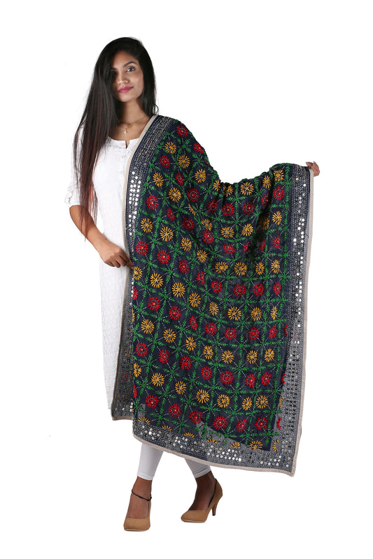 Navy Blue Phulkari Dupatta, Multi Colour Embroidery, Mirror Work