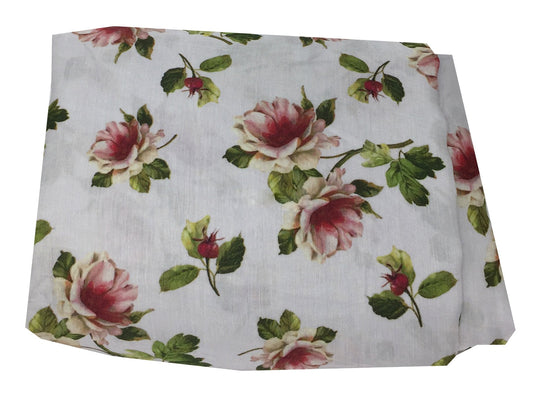 White Floral Print Linen Satin Fabric