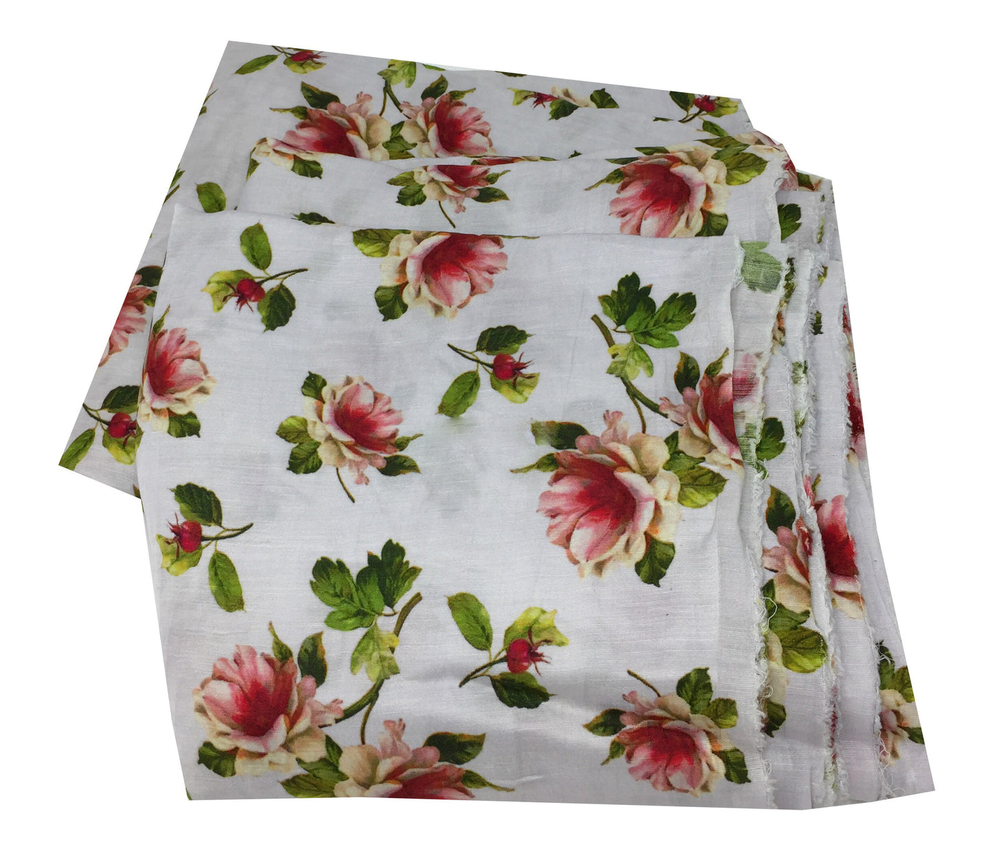 White Floral Print Linen Satin Fabric