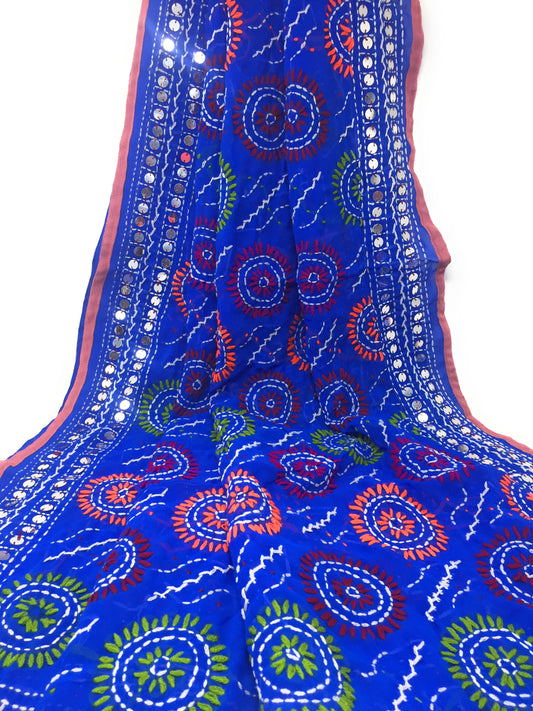 Blue Phulkari Dupatta, Multi Colour Embroidery, Mirror Work